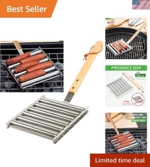 Hot Dog Roller Sausage Rack with Extra Long Wood Handle, BBQ Griller For Even…