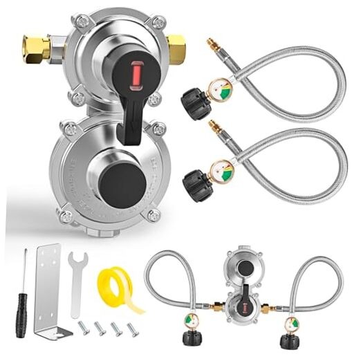 RV Propane Regulator 2 Tank Hoses, 2-Stage Auto Changeover LP Gas Regulator
