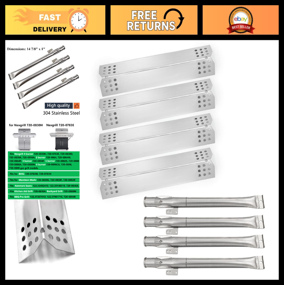 4-Burner Grill Replacement Kit | Heat Plates & 304 Stainless Steel Burners, 4-Pa