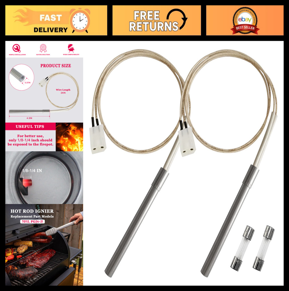 2 Pack Hot Rod Ignitor for Wood Pellet Grill, Heating Element Kit with 2 Fuses