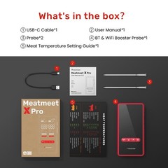 Meatmeet Wireless Meat Thermometer Digital with Dual Wi-Fi & Bluetooth, Red