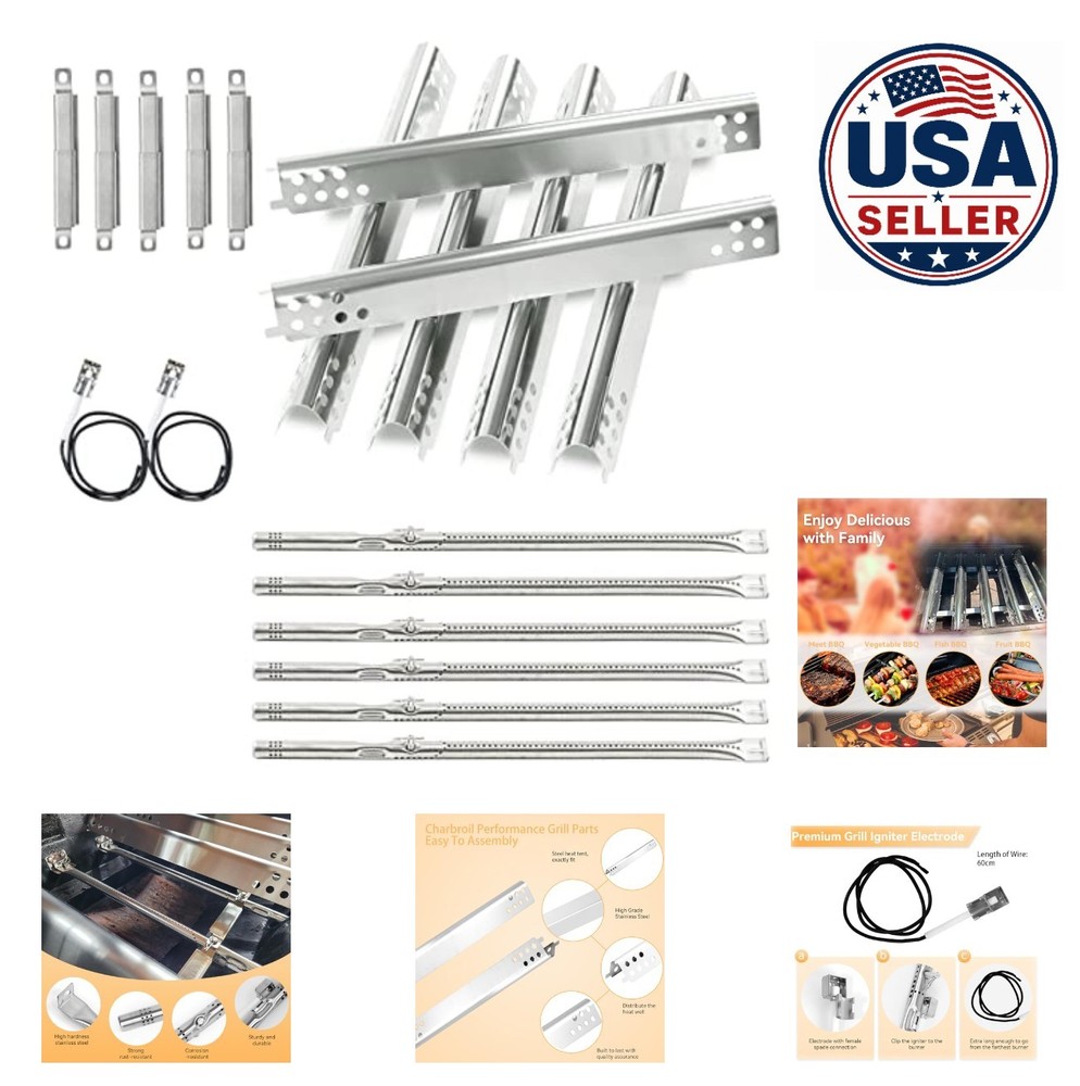 6 Burner Grill Burners Heat Plates Crossover Tubes Stainless Steel Replacement