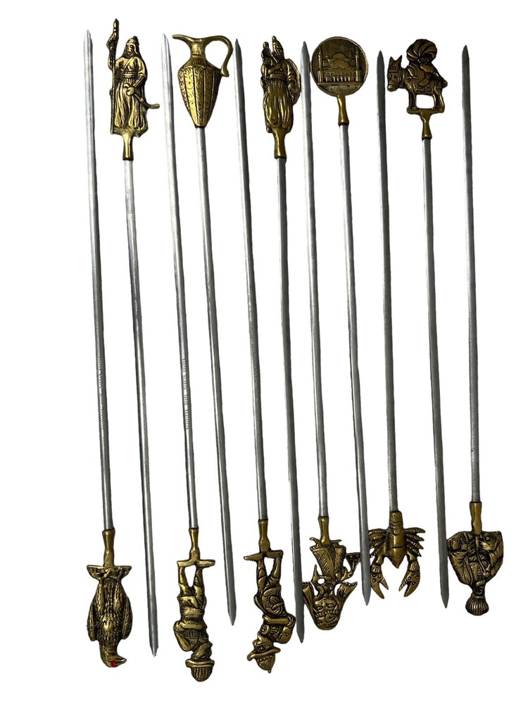 VTG 16 Shish Kebab: 11 Stainless Steel SkewersBrass Handles Turkey 5 Makers Mark