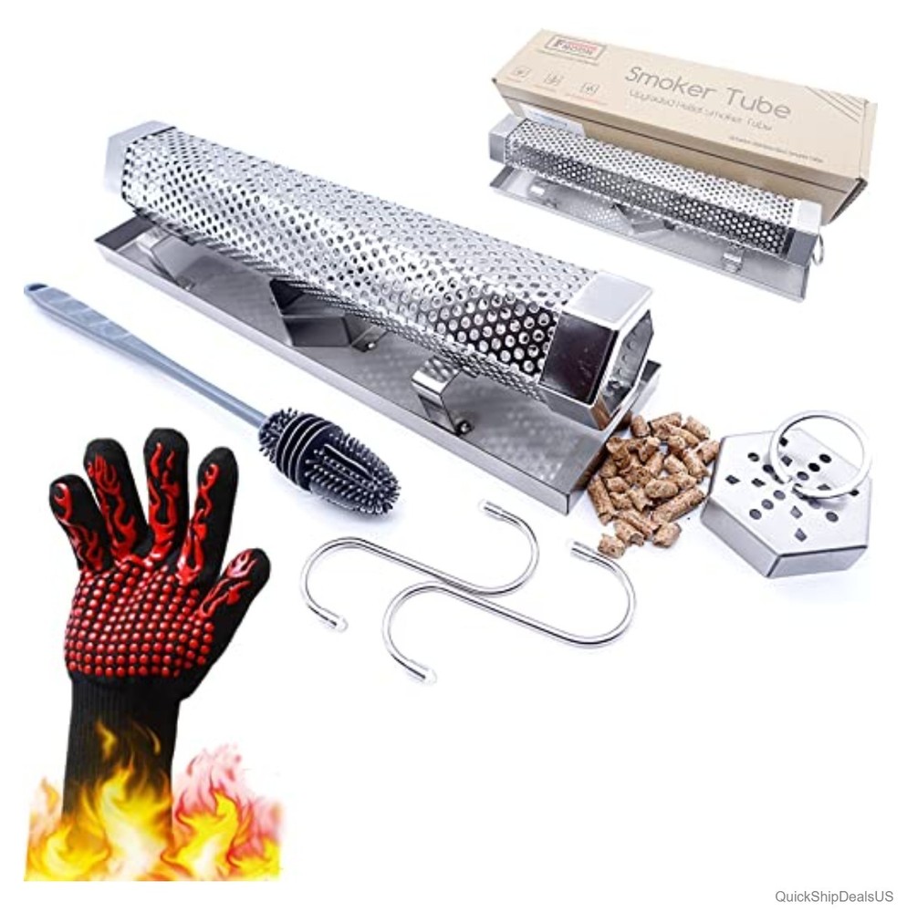 Pellet Smoker Tube 12 Inch Stainless Steel Tray Cover Cap 5 Hours Smoke For