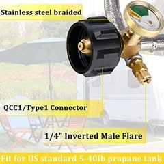 2Pack 1/4″ Inverted RV Propane Hose w/ Gauge,15″ Stainless Steel Braided Silver