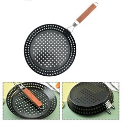 Round Folding Baking Pan with Wooden Handle for Outdoor Barbecue Cooking