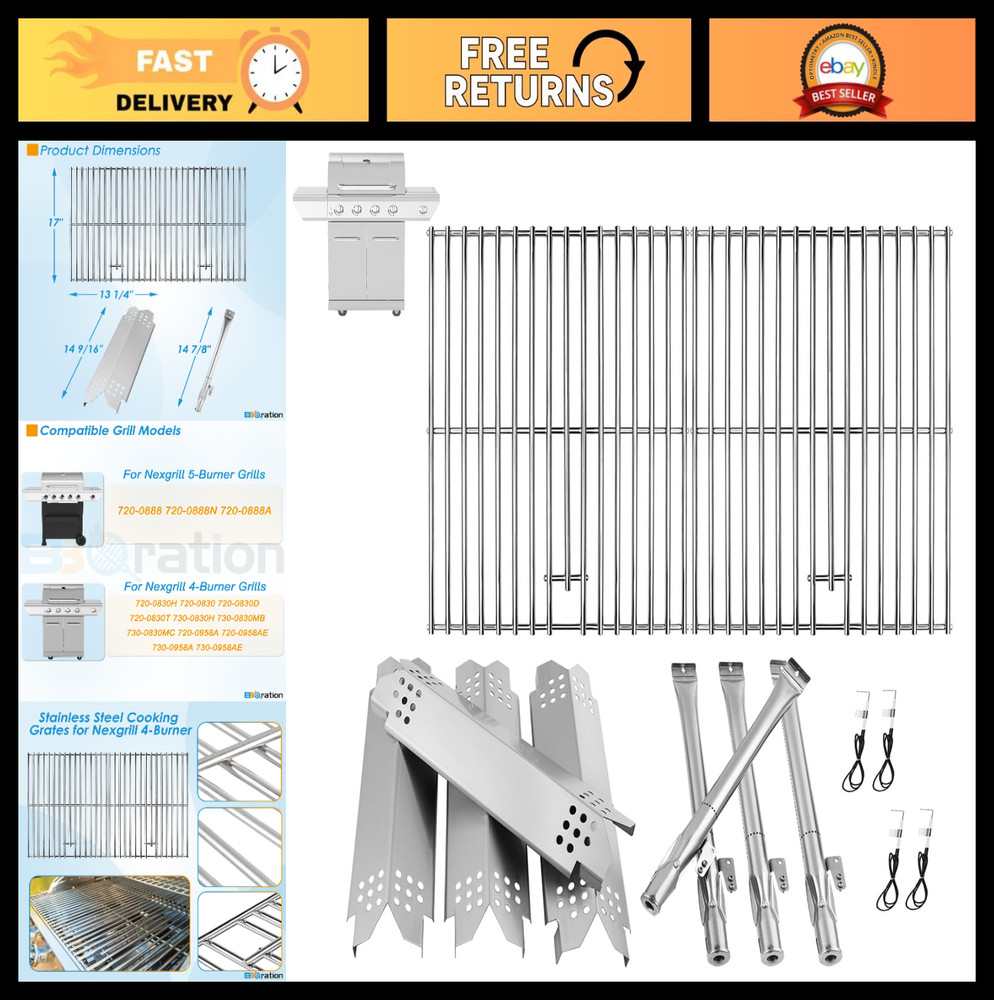 4-Burner Grill Replacement Parts Kit – Cooking Grate, Heat Shield & Burners