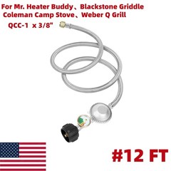 Upgrade 12FT Propane Regulator Hose with Gauge, Braided Grill Hose