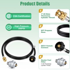 Universal Propane Fuel Filter & 6FT Propane Adapter Hose to 5-40lb Propane Tanks