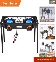 High Pressure Propane Gas Regulator & Double Burner Camping Grill – 120,000 BTU