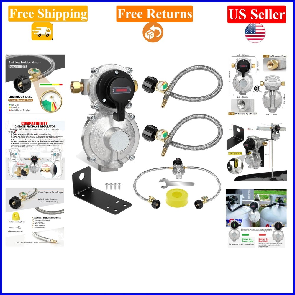 2-Stage Auto Changeover LP Gas Regulator with Dual Hoses & Gauge