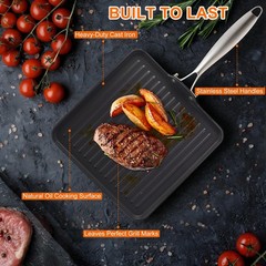 11 Inch Square Cast Iron Grill Pan, Pre‑Seasoned Ridged Skillet with Stainles…