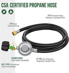 6Ft Propane Regulator with Hose&Gauge, 0-1Psi Propane Hose, Gas Grill Regulator
