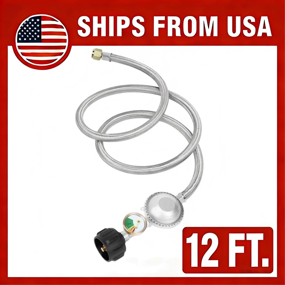 12FT Low Pressure Propane Regulator Hose with Gauge for BBQ Grill, Gas Pit/Stove
