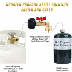 90 Degrees QCC1 Propane Refill Pressure Elbow Adapter & ON-Off Control Valve 1LB