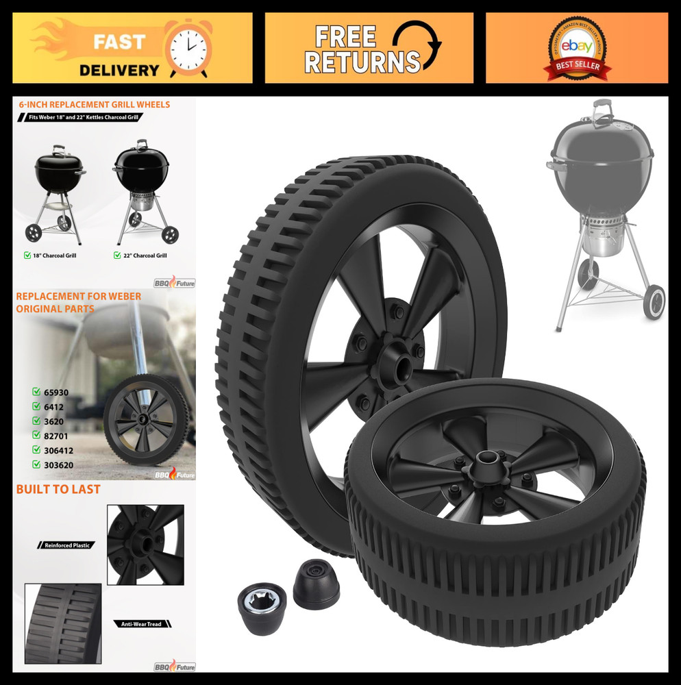 6 Inch Replacement Wheels for Kettle Grills, BBQ Caster Wheel Parts with Hub Cap
