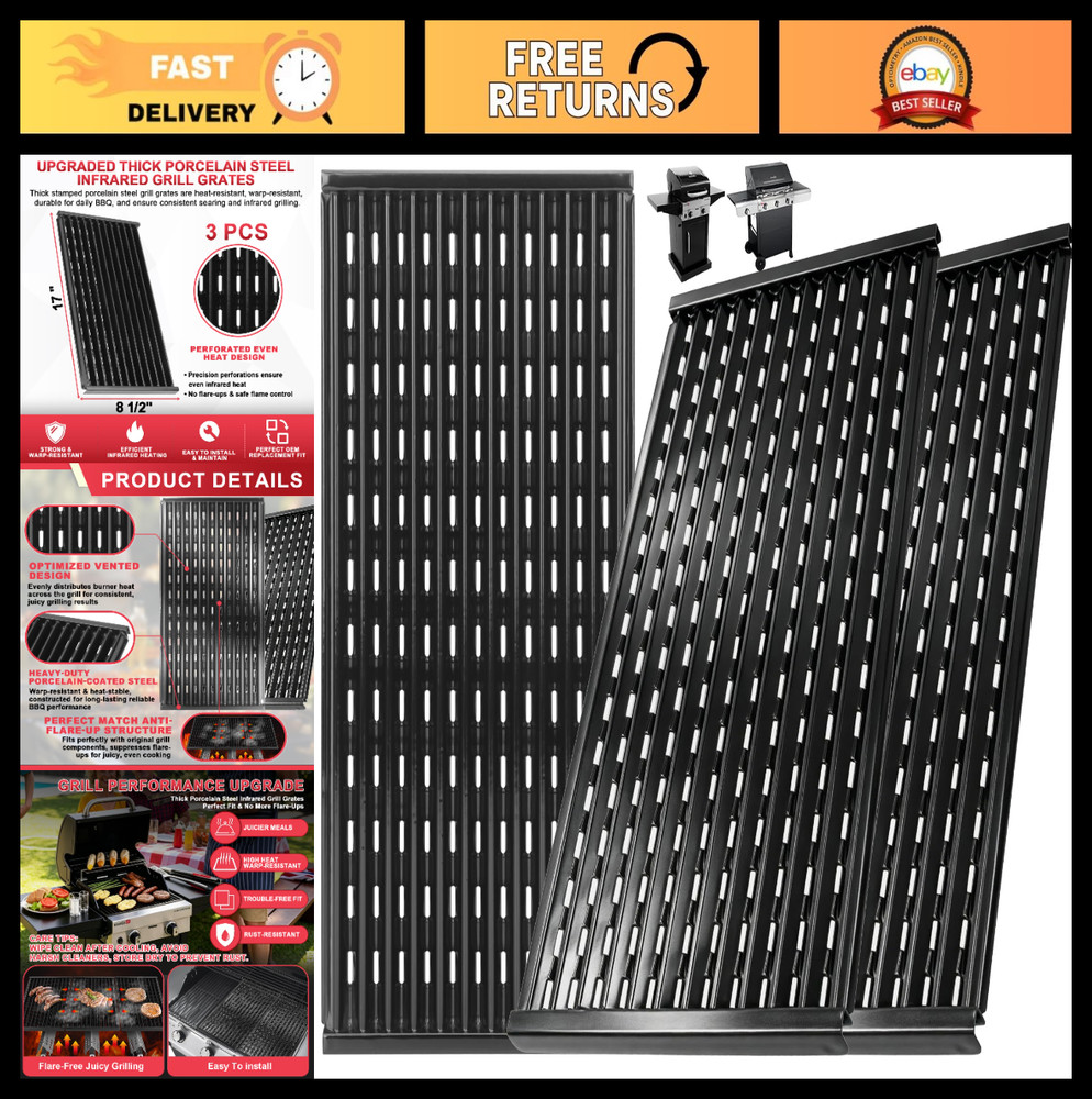 17″ Infrared Grill Grates Replacement for 3-Burner Gas Grills, 3 PCS Parts