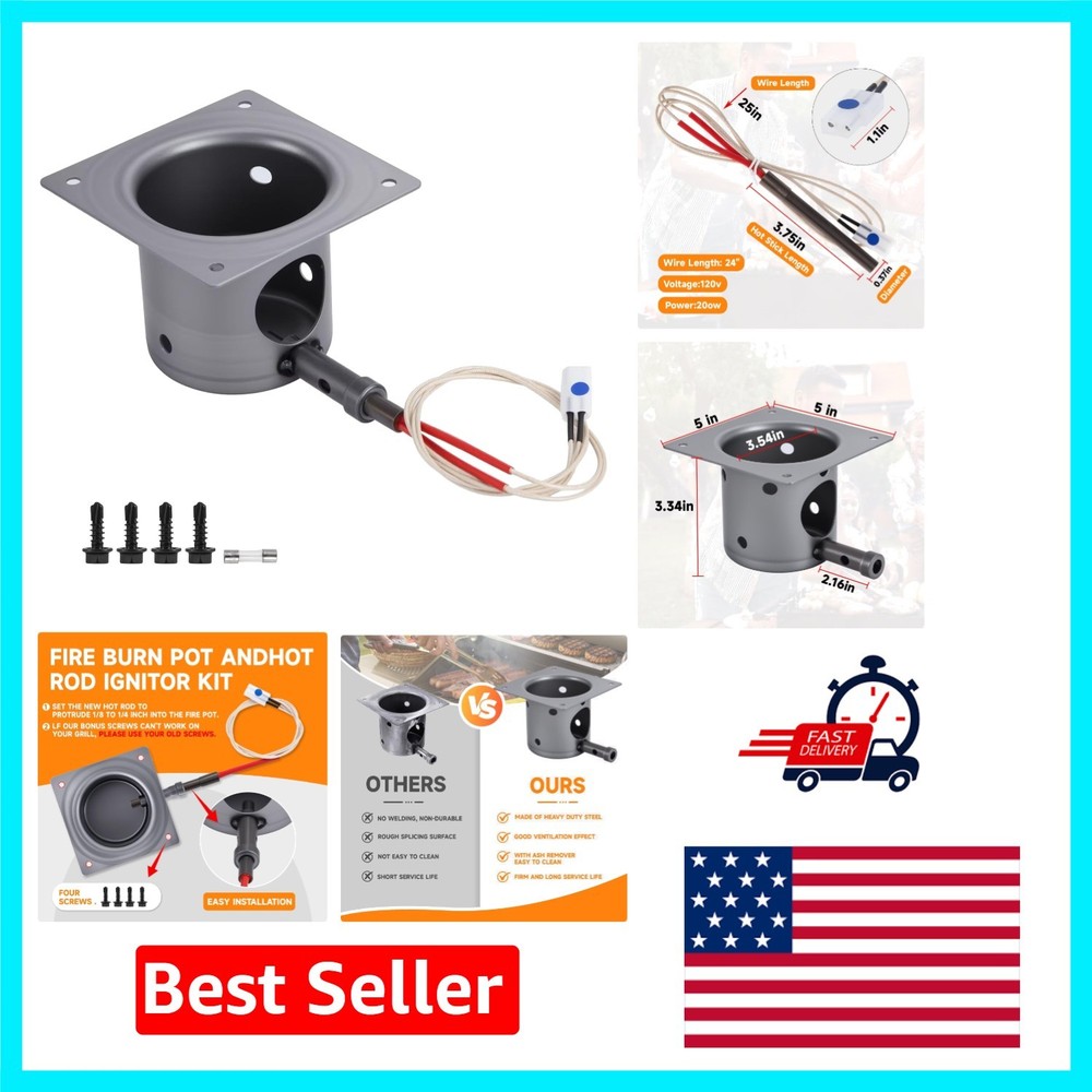 Complete Fire Burn Pot Assembly with Ignitor for Traeger & Pit Boss Owners
