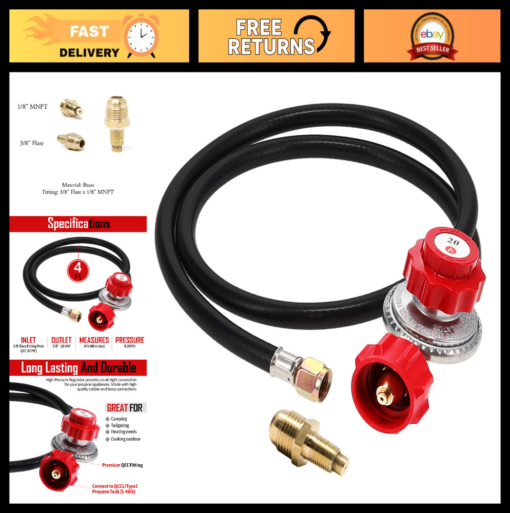 High Pressure Propane Regulator with Hose – 0-20 PSI Adjustable, 4 ft Length, QC