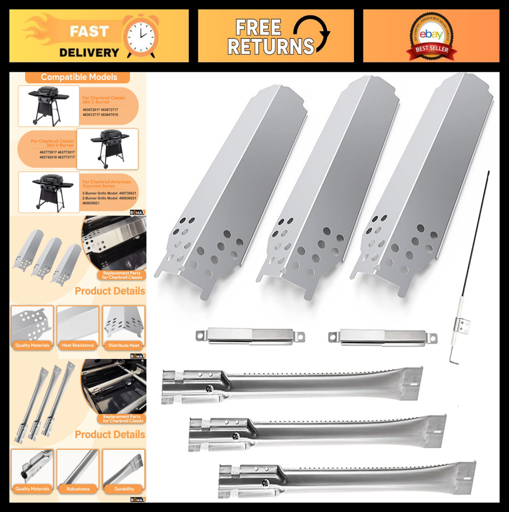 Grill Parts Kit for 3-Burner Gas Grills – Burners & Heat Plates Compatible with