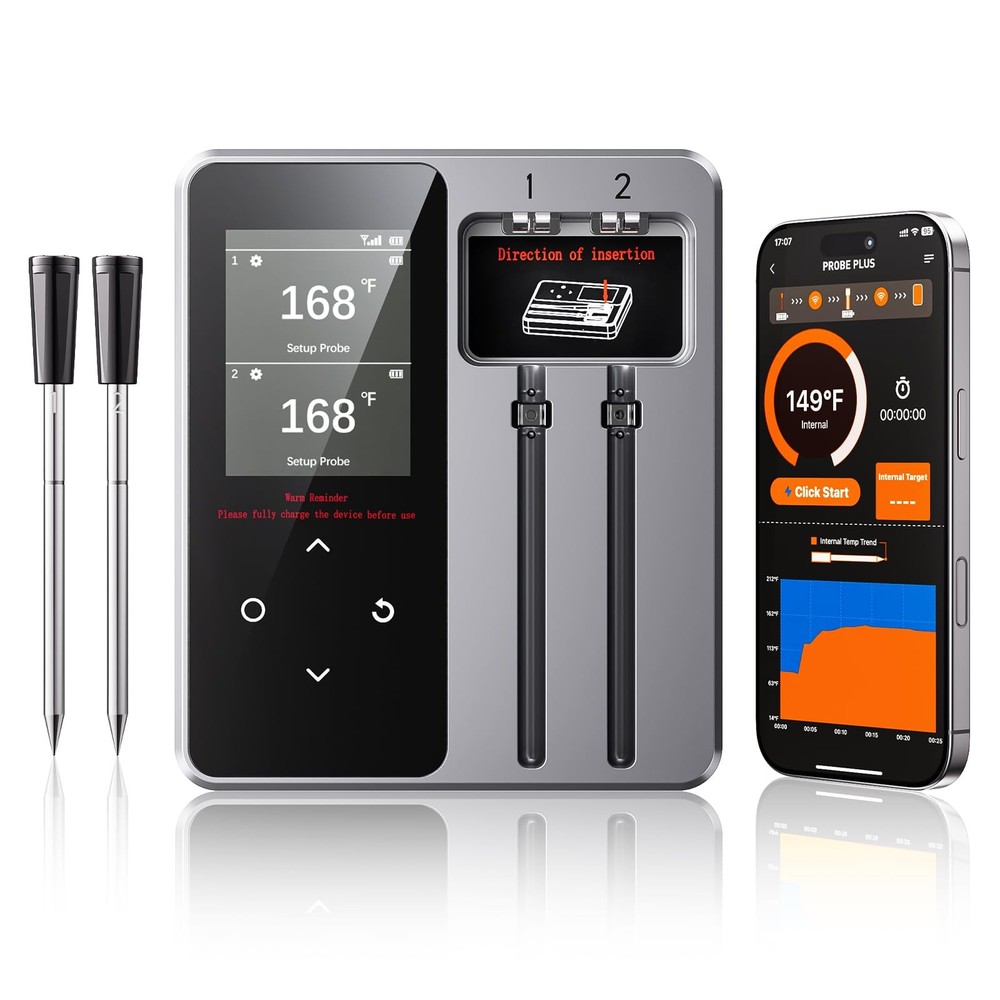 Newise Wireless Bluetooth Meat Thermometer – 2 Probes & 2 Probes, Black/Gray